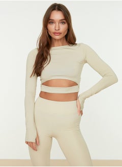 trendyol Stone Crop Window/Cut Out and Thumb Hole Detail Knitted Sports Top/Blouse TWOAW21BZ0156  - Image 1