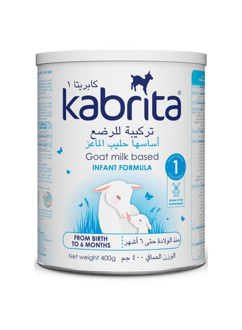 كابريتا حليب اطفال تركيبة لمرحلة النمو رقم 1 اساسها حليب الماعز مناسب منذ الولادة الي 6 اشهر 400 جم