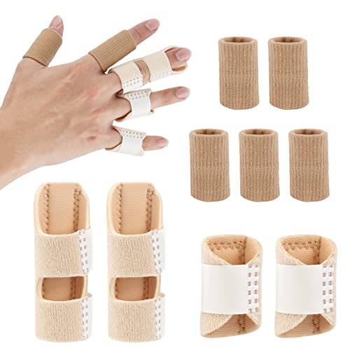 AIEX 4pcs Trigger Finger Splints and 5pcs Finger Sleeves, 2 Sizes Pain Relief Finger Stabilizer Brace Finger Straightener Immobilization Splint for Broken Sprained Swollen Fingers (Skin Color) - Image 1