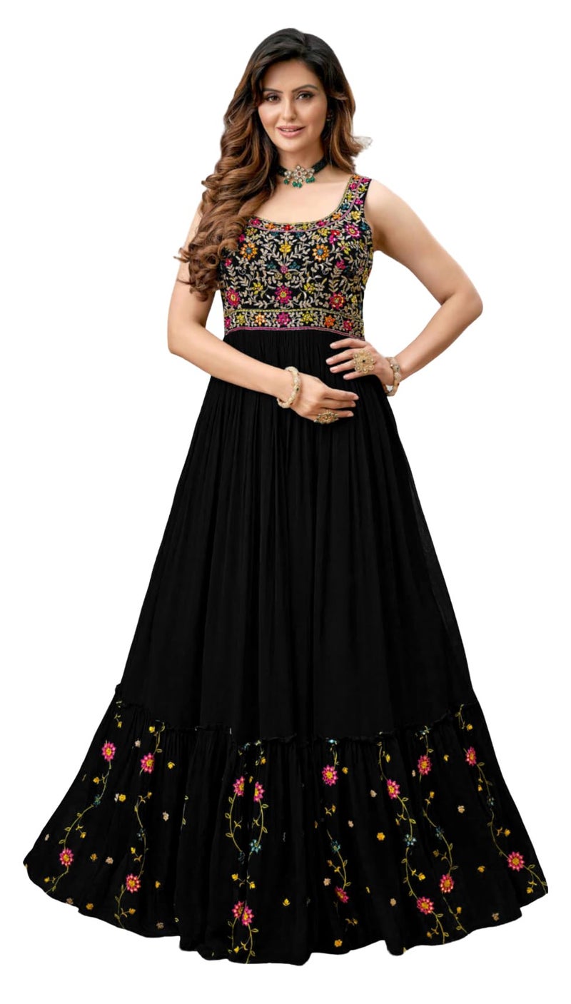 ELLITI Women's Georgette Black Colour Stitched Traditional Stunning Outfit with Boutique Long Anarkali Western Dress Designs, Stylish Party Dresses Gown (L) - Image 1