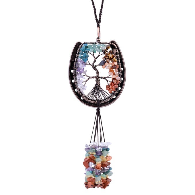 HORSESHOE TREE OF LIFE WITH CRYSTALS TASSEL WALL HANGING ORNAMENT TUMBLED CHIPS GEMSTONES WINDOW PENDANT FOR HOME OFFICE CAR MEDITATION DECOR MIXED STONES