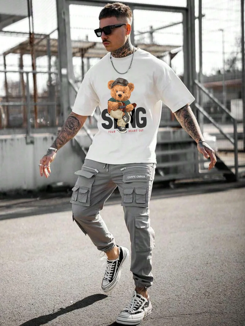 دوغ فش Men's Printed White Crew Neck Oversize Teddy Salas T-Shirt