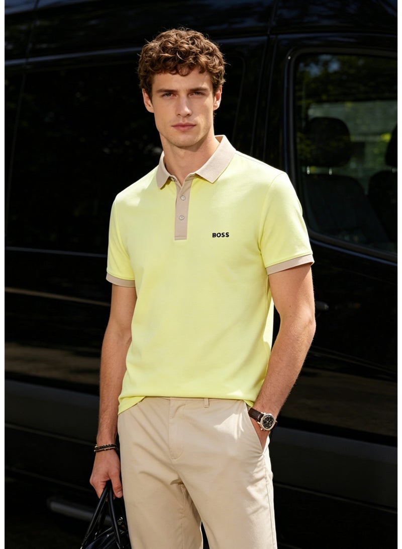 BOSS Men’s Eye-catching Vacation Style Contrast Trim Polo Short Sleeve - Lemon Yellow - Image 4