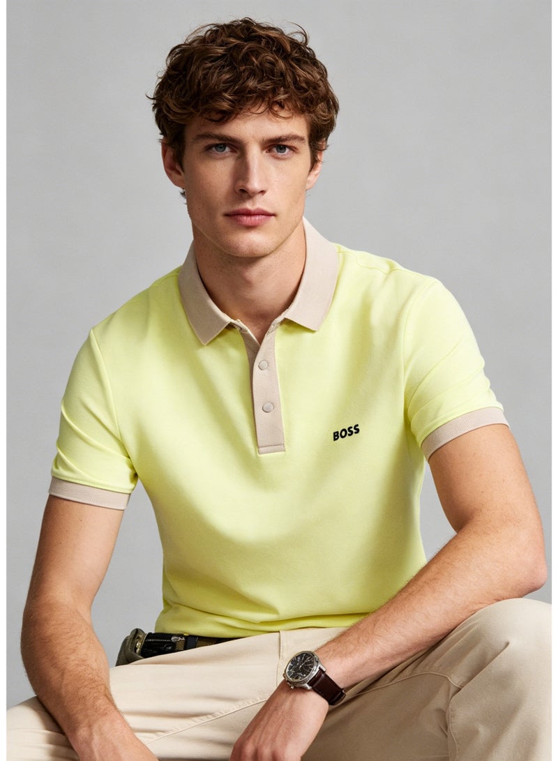 BOSS Men’s Eye-catching Vacation Style Contrast Trim Polo Short Sleeve - Lemon Yellow - Image 1