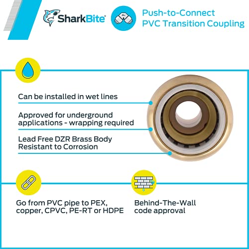 SharkBite 1/2 Inch CTS x 1/2 Inch PVC Transition Coupling, Push to Connect Brass Plumbing Fitting, PEX Pipe, Copper, CPVC, PE-RT, HDPE, UIP4008A - Image 4