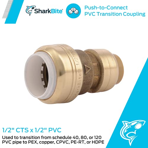 SharkBite 1/2 Inch CTS x 1/2 Inch PVC Transition Coupling, Push to Connect Brass Plumbing Fitting, PEX Pipe, Copper, CPVC, PE-RT, HDPE, UIP4008A - Image 2