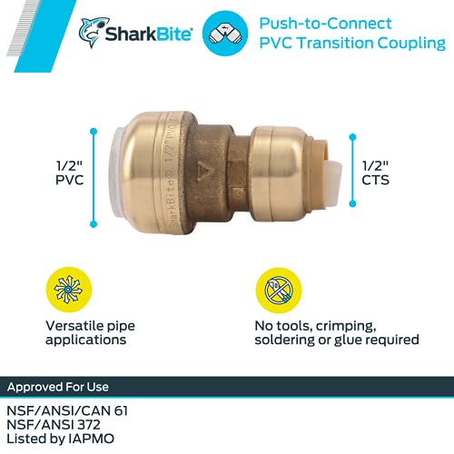 SharkBite 1/2 Inch CTS x 1/2 Inch PVC Transition Coupling, Push to Connect Brass Plumbing Fitting, PEX Pipe, Copper, CPVC, PE-RT, HDPE, UIP4008A - Image 3