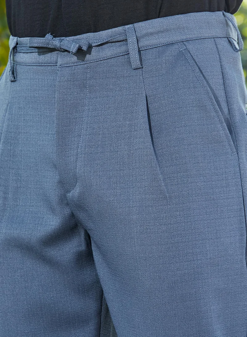Campus Sutra Men's Steel Blue Tailored Linen-Blend Trousers