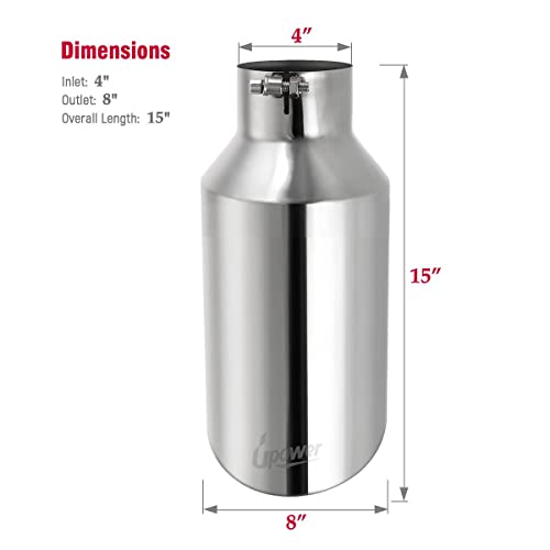 Upower 4 inch Inlet 8 inch Outlet Exhaust Tip Stainless Steel 4" to 8" Tail Pipe Tips 15" Long Bolt-On 45 Degree Angle Cut Universal for Car Truck - Image 4