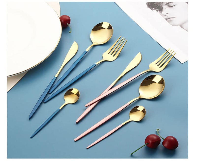Kolorful 4 Piece Premium Gold Plated 304 Stainless Steel Steak Knife Fork Spoon Teaspoons Mirror Finish Flatware Tableware Dinnerware Cutlery Set Blue - Image 3