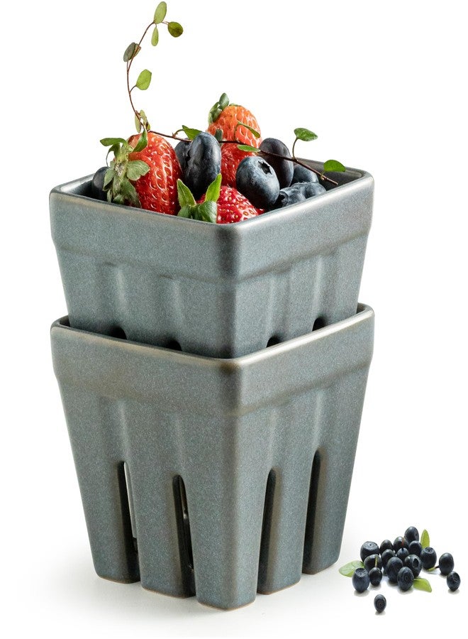 Gomakren Fruit Basket Set of 2, Square Fruit Bowls with Holes, Ceramic Berry Basket Containers for Kitchen, Cute Strawberry Basket for Berries, Grape, Cherry, Slate Blue - Image 1