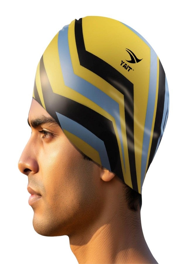 YAIT Silicone Swimming Cap for Men, Women, Kids, Unisex | Lab Tested by Experts | Ultra Soft and Stretchable | Latex-Safe, Quick-Dry, Tear-Resistant, Anti-Slip Fit | Yellow & Blue Stylish Design - Image 1