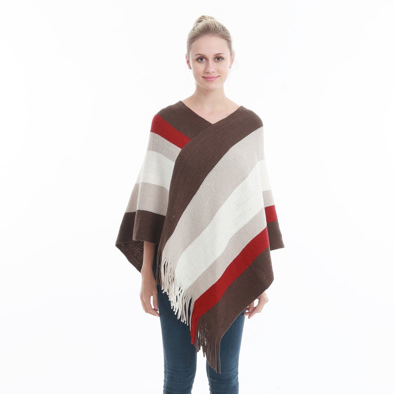 New Hot Spring and Autumn Pullover Cloak Shawl Tassel Warm Knitted Large Size Loose Blouse Cloak Top Spot Beige 