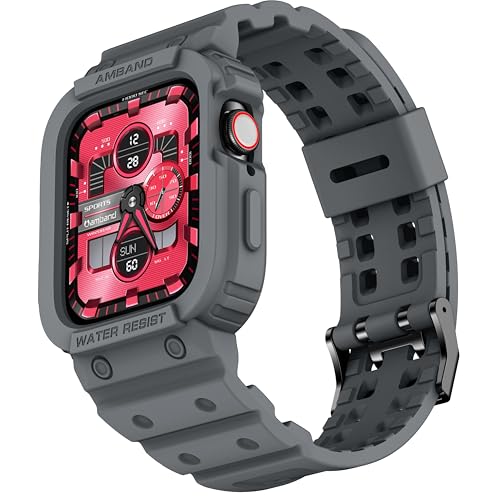 amBand Compatible for Apple Watch Band 45mm 44mm 42mm with Bumper Case, Rugged Men Bands for iWatch SE SE 2 SE 3 Series 9 8 7 6 5 4 3 2 1, Sport Military Protector Drop-proof Shockproof Space Gray - Image 1
