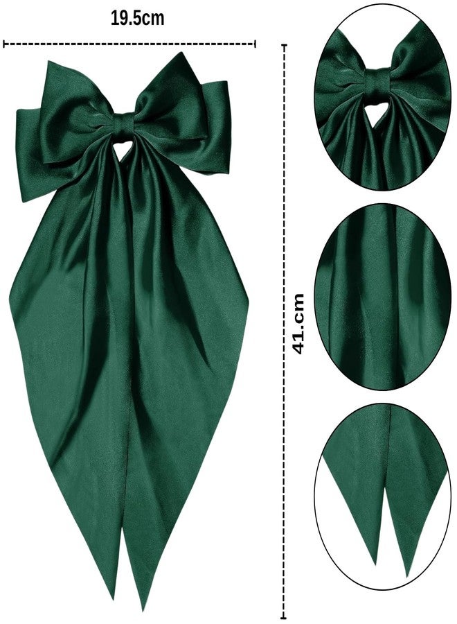 RedChimes 2 Pcs Large Ribbon Hair Bow Clips with Long Tail Bowknot Barrettes Featuring Durable Satin Ribbon and Metal Clips Stylish Hair Accessories for Women & Girls (Olive Green & Teal Green) - Image 2