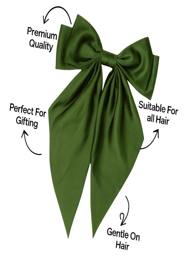 RedChimes 2 Pcs Large Ribbon Hair Bow Clips with Long Tail Bowknot Barrettes Featuring Durable Satin Ribbon and Metal Clips Stylish Hair Accessories for Women & Girls (Olive Green & Teal Green) - Image 3
