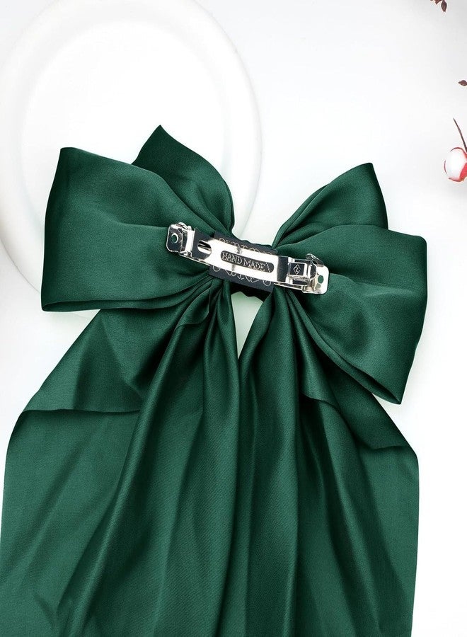 RedChimes 2 Pcs Large Ribbon Hair Bow Clips with Long Tail Bowknot Barrettes Featuring Durable Satin Ribbon and Metal Clips Stylish Hair Accessories for Women & Girls (Olive Green & Teal Green) - Image 4