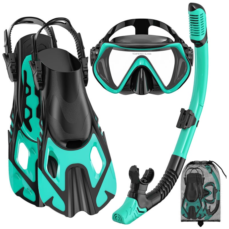 wutrye Snorkeling Gear for Adults, Mask Fin Snorkel Set, Dry Top Snorkel, Snorkeling Kit Travel Diving Package, Panoramic View Anti-Fog Anti-Leak - Image 1