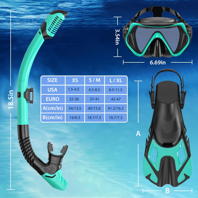 wutrye Snorkeling Gear for Adults, Mask Fin Snorkel Set, Dry Top Snorkel, Snorkeling Kit Travel Diving Package, Panoramic View Anti-Fog Anti-Leak - Image 5