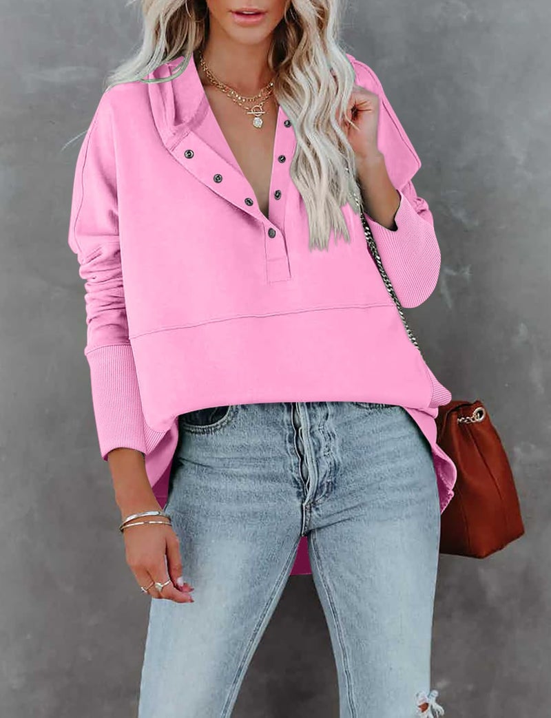 onlypuff Pullover Hoodies for Women V Neck Sweatshirt Button up Juniors Hooded Sweatshirt Long Sleeve Winter Top Pink M - Image 2