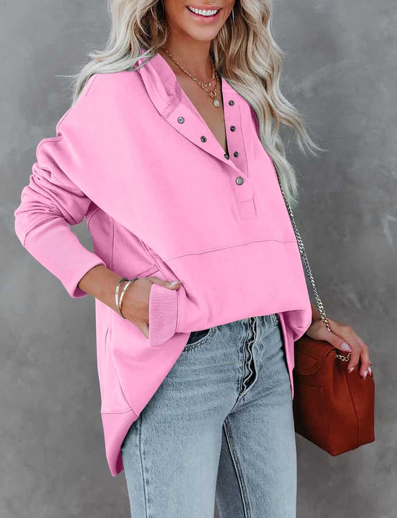 onlypuff Pullover Hoodies for Women V Neck Sweatshirt Button up Juniors Hooded Sweatshirt Long Sleeve Winter Top Pink M - Image 4