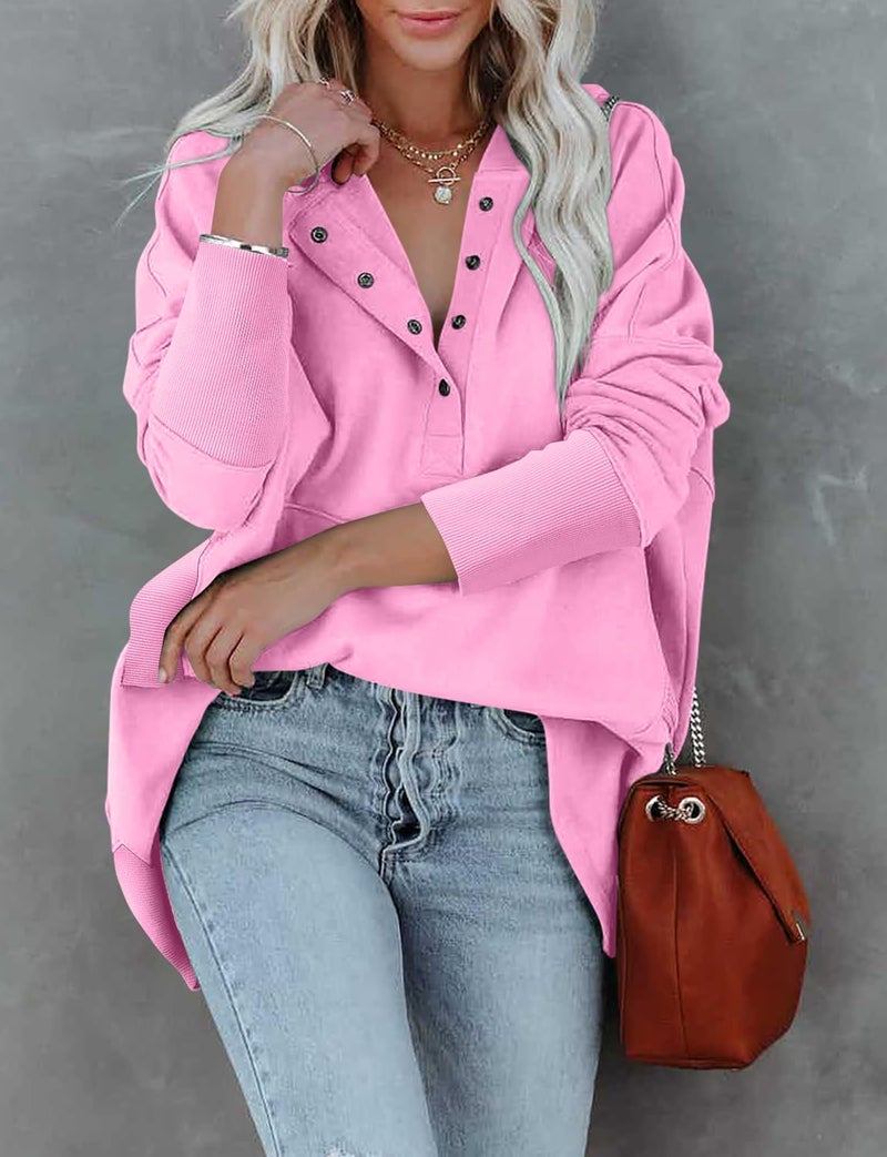 onlypuff Pullover Hoodies for Women V Neck Sweatshirt Button up Juniors Hooded Sweatshirt Long Sleeve Winter Top Pink M - Image 3
