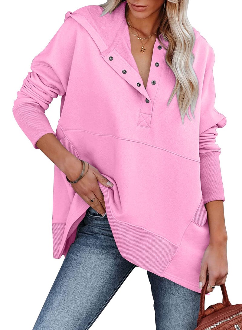 onlypuff Pullover Hoodies for Women V Neck Sweatshirt Button up Juniors Hooded Sweatshirt Long Sleeve Winter Top Pink M - Image 1