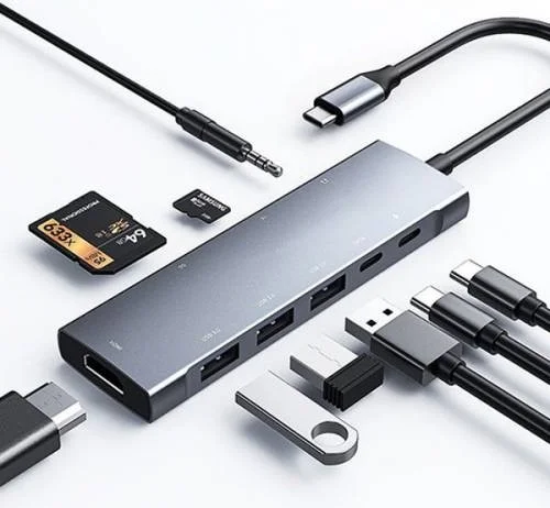 بولهاموبيل Polham Type C Port 9in1 Coupler Hub, 4K HDMI, RJ45, 3.5mm, Sd TF, 3x USB 3.0, 2x Pd Type C Adapter