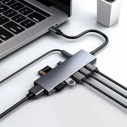 بولهاموبيل Polham Type C Port 9in1 Coupler Hub, 4K HDMI, RJ45, 3.5mm, Sd TF, 3x USB 3.0, 2x Pd Type C Adapter