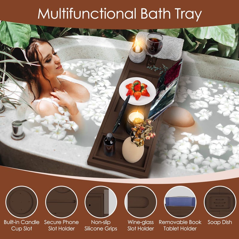 BESHOF Foldable Bathtub Caddy Tray, Bamboo Bath Tub Tray Table for Tub with Wine Glass Holder Book Phone Tablet Holder with Extending Sides, Adjustable Bathroom Bathtub Free Soap Holder Gift Idea (Brown)  - Image 2