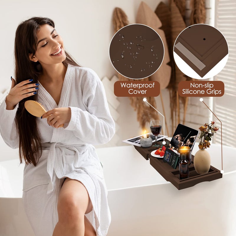BESHOF Foldable Bathtub Caddy Tray, Bamboo Bath Tub Tray Table for Tub with Wine Glass Holder Book Phone Tablet Holder with Extending Sides, Adjustable Bathroom Bathtub Free Soap Holder Gift Idea (Brown)  - Image 5