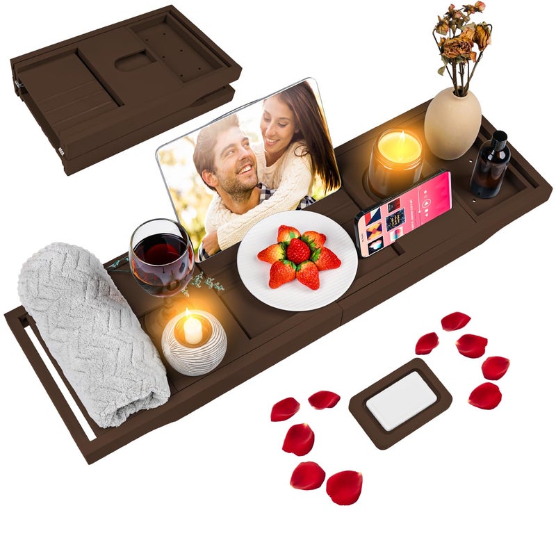 BESHOF Foldable Bathtub Caddy Tray, Bamboo Bath Tub Tray Table for Tub with Wine Glass Holder Book Phone Tablet Holder with Extending Sides, Adjustable Bathroom Bathtub Free Soap Holder Gift Idea (Brown)  - Image 1