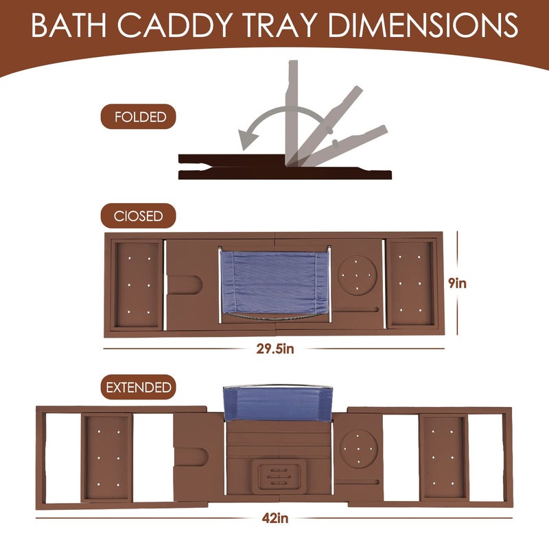 BESHOF Foldable Bathtub Caddy Tray, Bamboo Bath Tub Tray Table for Tub with Wine Glass Holder Book Phone Tablet Holder with Extending Sides, Adjustable Bathroom Bathtub Free Soap Holder Gift Idea (Brown)  - Image 4