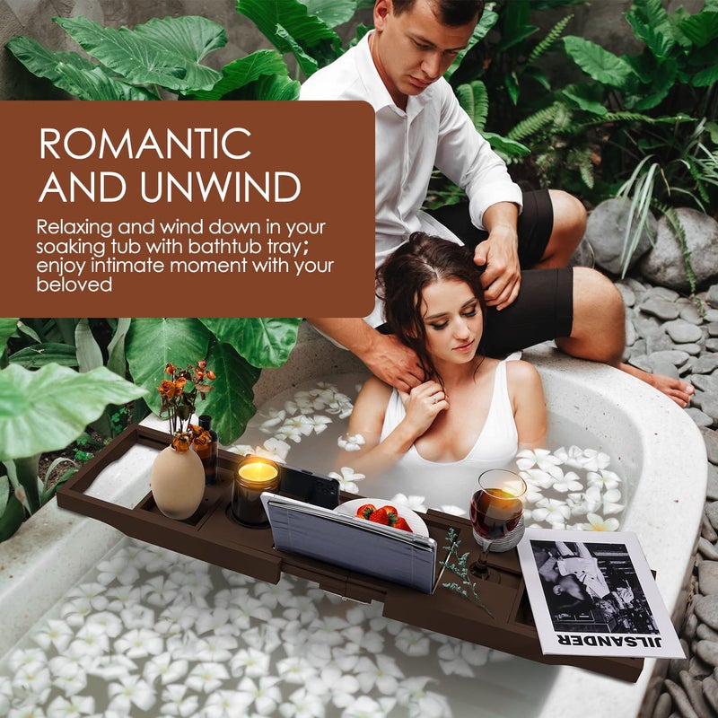 BESHOF Foldable Bathtub Caddy Tray, Bamboo Bath Tub Tray Table for Tub with Wine Glass Holder Book Phone Tablet Holder with Extending Sides, Adjustable Bathroom Bathtub Free Soap Holder Gift Idea (Brown)  - Image 3