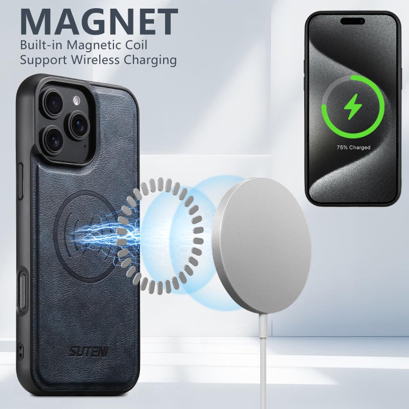 Suteni For Iphone 17 Pro Max G5 Cowhide Leather Magsafe Magnetic Phone Case(Blue) - Image 3