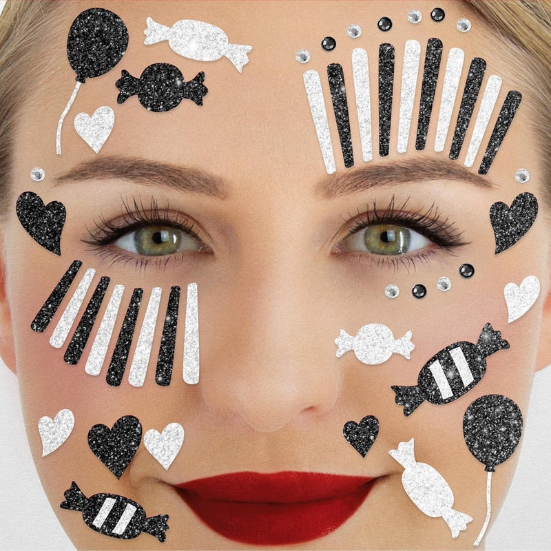 Party Factory KSA local stock Face Tattoo Black/White Clown, Temporary Glitter Face Tattoo for Theme Party, Halloween & Carnival, Children & Adults Workday cycle fulfillment - Image 1