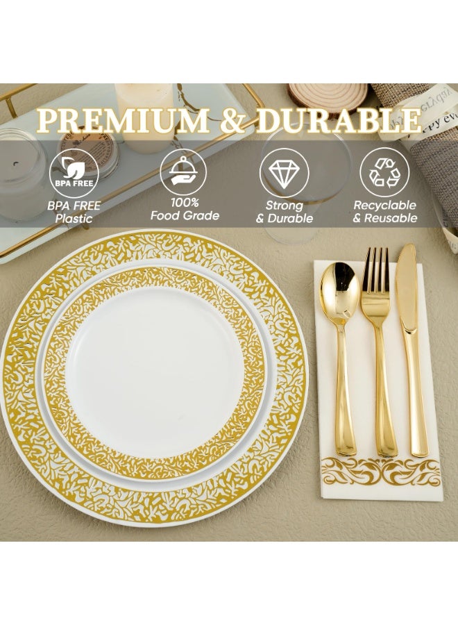 أسيف مجموعة فاخرة مكونة من 175 قطعة | 25 خدمة من أدوات المائدة ذات الدانتيل الذهبي القابلة للتصرف مناسبة لحفلات الزفاف / العيد / الاحتفالات مع أطباق بيضاء وحواف ذهبية - Image 4