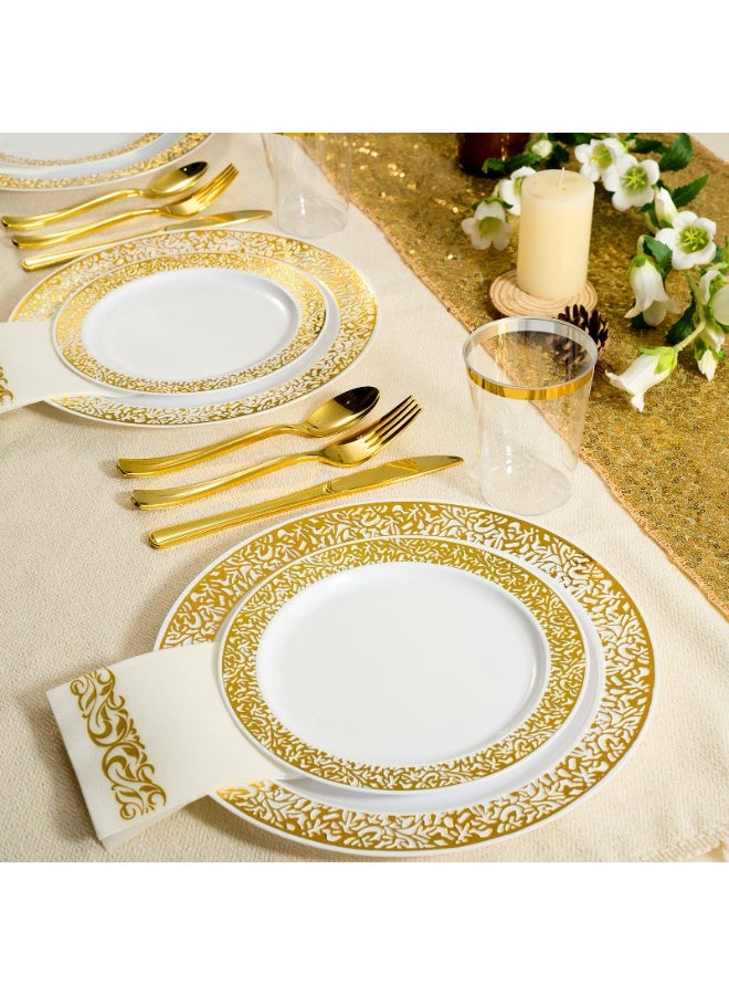 أسيف مجموعة فاخرة مكونة من 175 قطعة | 25 خدمة من أدوات المائدة ذات الدانتيل الذهبي القابلة للتصرف مناسبة لحفلات الزفاف / العيد / الاحتفالات مع أطباق بيضاء وحواف ذهبية - Image 5