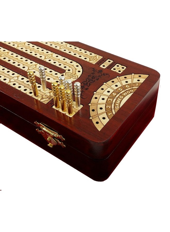 House of Cribbage 12 1/2" 2 Track Continuous Cribbage Board W/Card Storage Maple Tracks on Bloodwood Corner & Games Won - Image 1