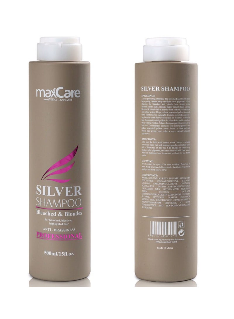 MaxCare Anti-Brass Silver Shampoo 500ml – Professional Formula for Blonde & Silver Hair Maintenance - Image 1