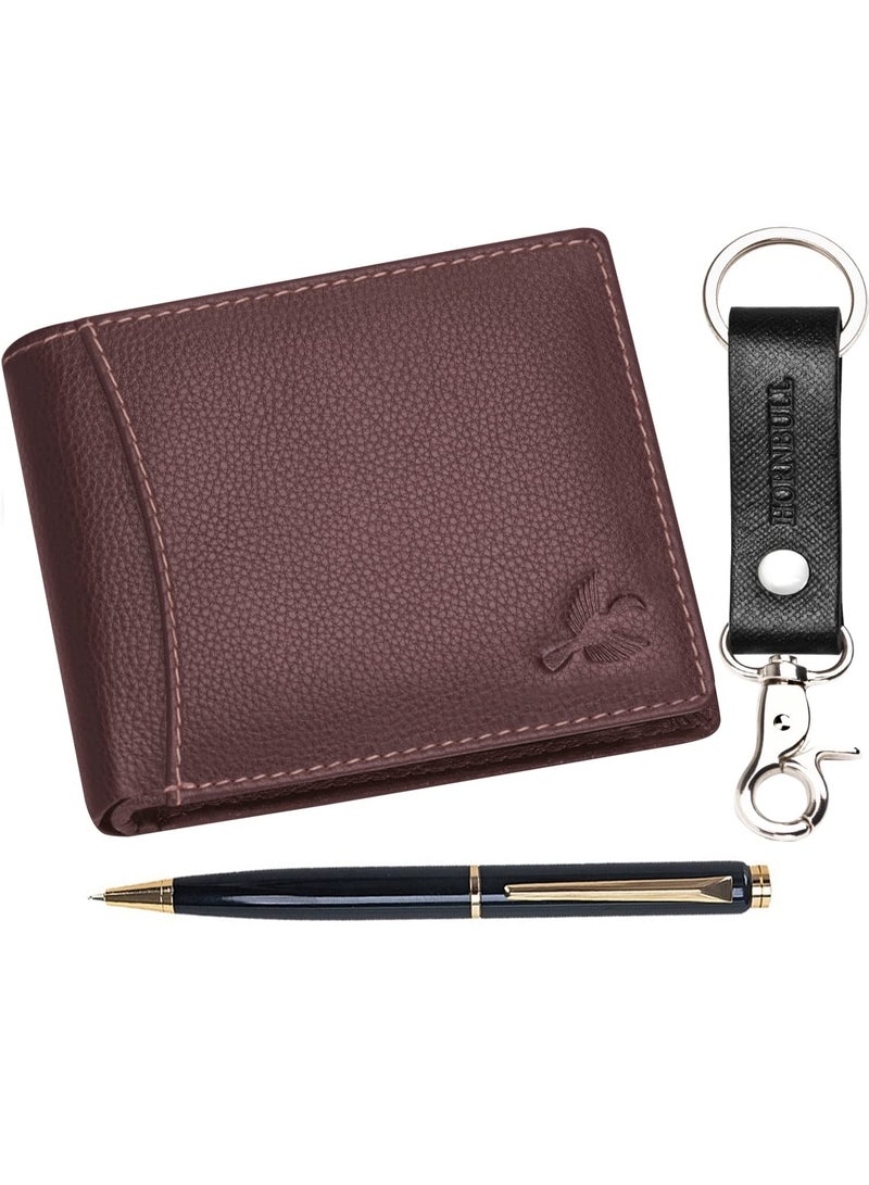 HORNBULL Brown Mens Leather Wallet, Keyring & Pen Combo Gift Set for Men | Valentine's Day Branded Gift Hamper for Men - Image 2