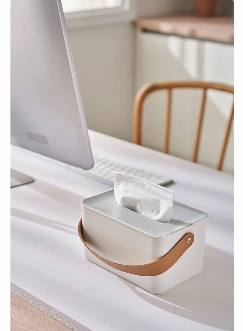 Excefore Tissue Box Holder, Tissue Dispenser Modern Cube Plastic Box Cover Napkin Organizer with Leather Handles for Bathroom Vanity Tops, Dressers, Bedside Tables, Desks and Tables (White) - Image 5