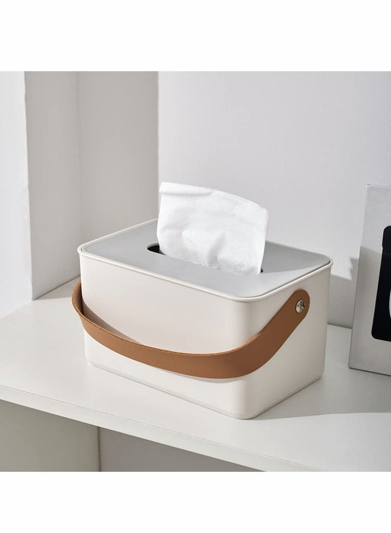Excefore Tissue Box Holder, Tissue Dispenser Modern Cube Plastic Box Cover Napkin Organizer with Leather Handles for Bathroom Vanity Tops, Dressers, Bedside Tables, Desks and Tables (White) - Image 1