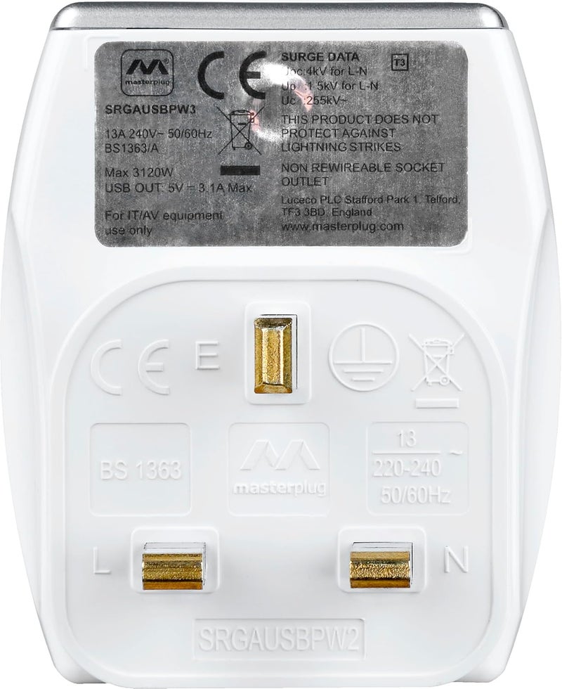 ماستربلاج Masterplug محول طاقة محمي من التيار الزائد بمقبس واحد مع نقطتي شحن USB - أبيض لامع، محول مقبس 3 مقابس، موسع مقبس 3 سنون للمنزل، المكتب، المطبخ - Image 4