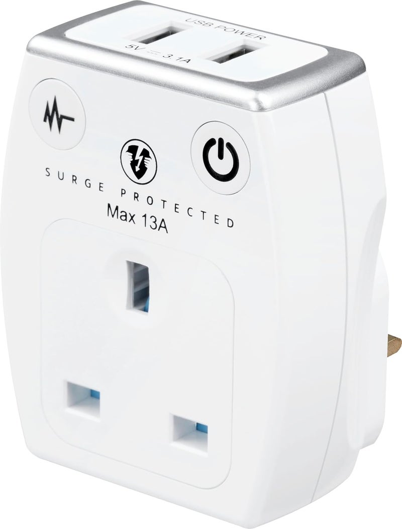 ماستربلاج Masterplug محول طاقة محمي من التيار الزائد بمقبس واحد مع نقطتي شحن USB - أبيض لامع، محول مقبس 3 مقابس، موسع مقبس 3 سنون للمنزل، المكتب، المطبخ - Image 3