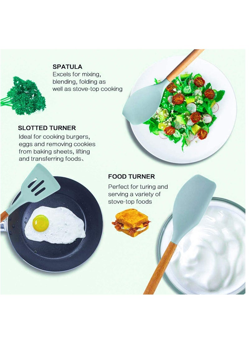 Kitchen set 12Pcs Silicone Spatula Set Silicone Cooking Utensil Set Silicone Kitchen Utensil Set Wooden Handles Utensils Tool for Nonstick Cookware Rubber Spatula Set Heat-Resistant Spatula - Image 4