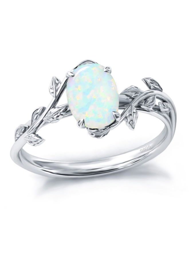 Wasee Opal Ring 925 Sterling Silver Oval Opal Ring for Women Leaf Promise Ring for Her Christmas Birthday Anniversary Jewelry Gifts for Women,Ring Size 7 - Image 1