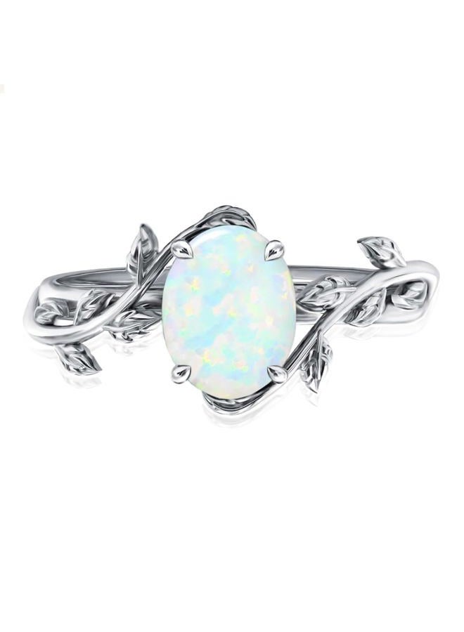 Wasee Opal Ring 925 Sterling Silver Oval Opal Ring for Women Leaf Promise Ring for Her Christmas Birthday Anniversary Jewelry Gifts for Women,Ring Size 7 - Image 2