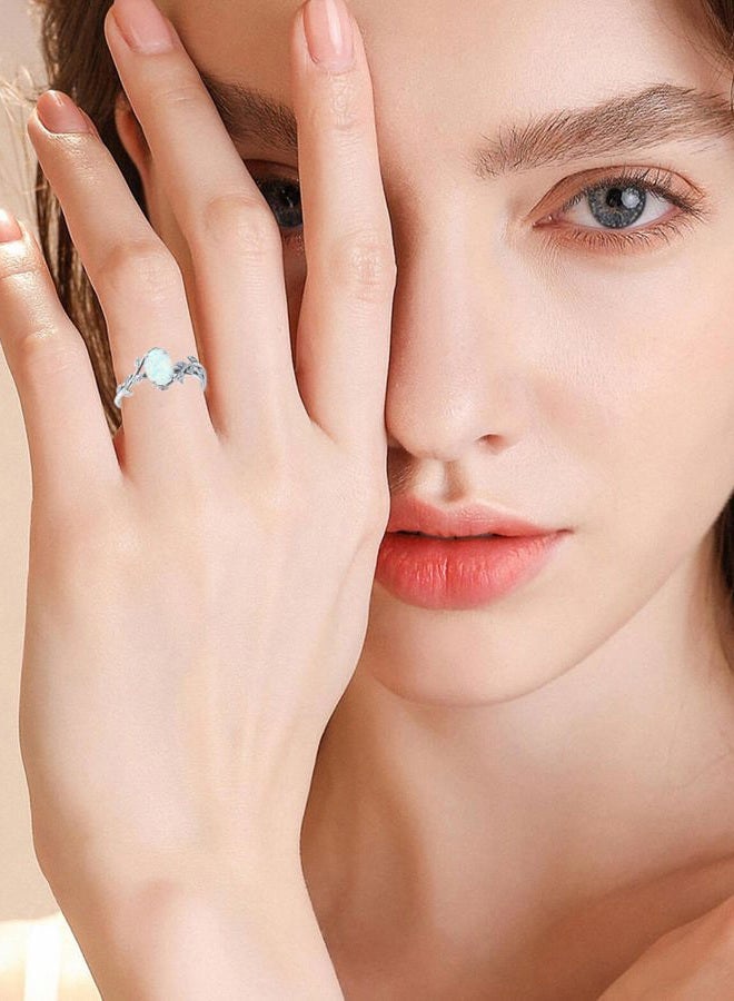 Wasee Opal Ring 925 Sterling Silver Oval Opal Ring for Women Leaf Promise Ring for Her Christmas Birthday Anniversary Jewelry Gifts for Women,Ring Size 7 - Image 3