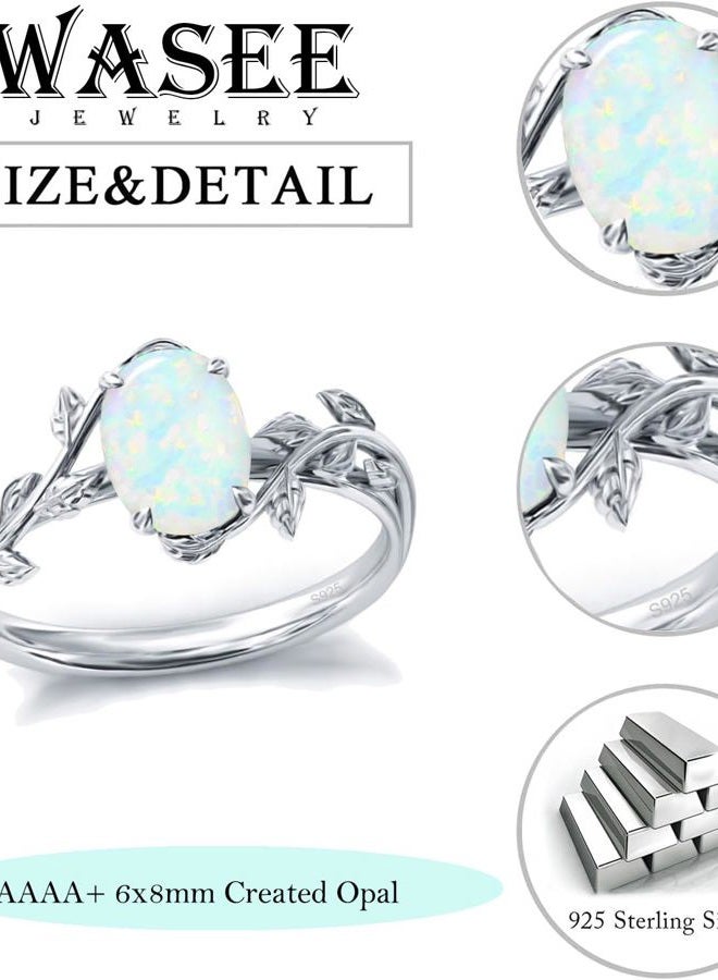 Wasee Opal Ring 925 Sterling Silver Oval Opal Ring for Women Leaf Promise Ring for Her Christmas Birthday Anniversary Jewelry Gifts for Women,Ring Size 7 - Image 4